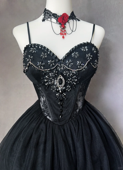 Black suspender diamond waist slim A-line short dress homecoming dress R4898