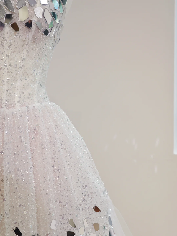 White sequined strapless, fitted waist, full skirt, long ball gown, bridal dress R8476