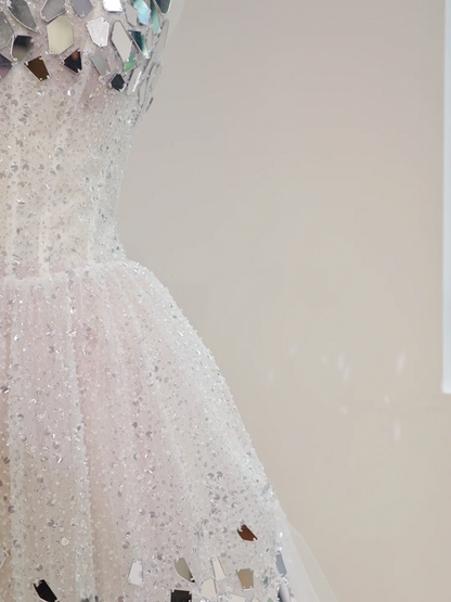 White sequined strapless, fitted waist, full skirt, long ball gown, bridal dress R8476