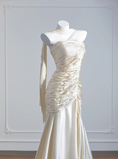Light apricot strapless, fitted, pleated long ball gown R8271