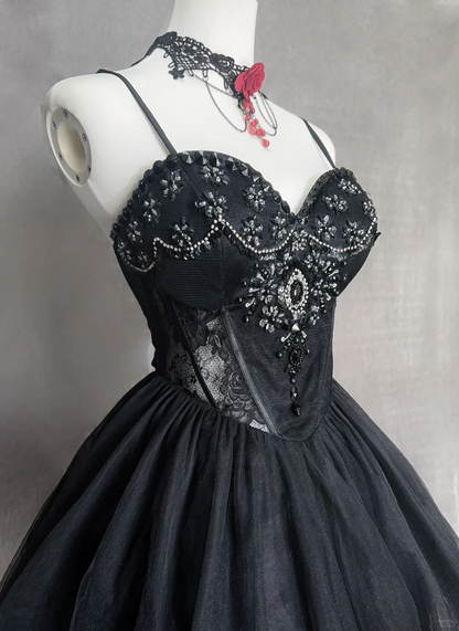 Black suspender diamond waist slim A-line short dress homecoming dress R4898