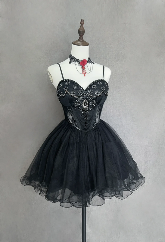 Black suspender diamond waist slim A-line short dress homecoming dress R4898