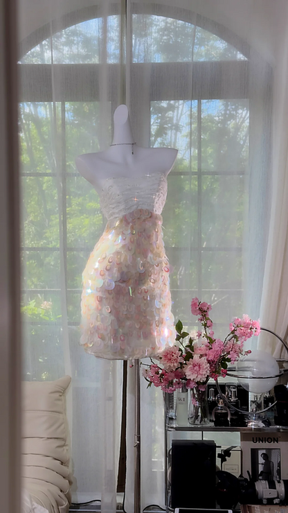 Light pink sequined strapless fitted waist bodycon short prom dress R7626