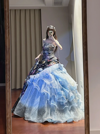Black retro-style strapless, fitted waist ball gown with light blue tulle skirt R8634