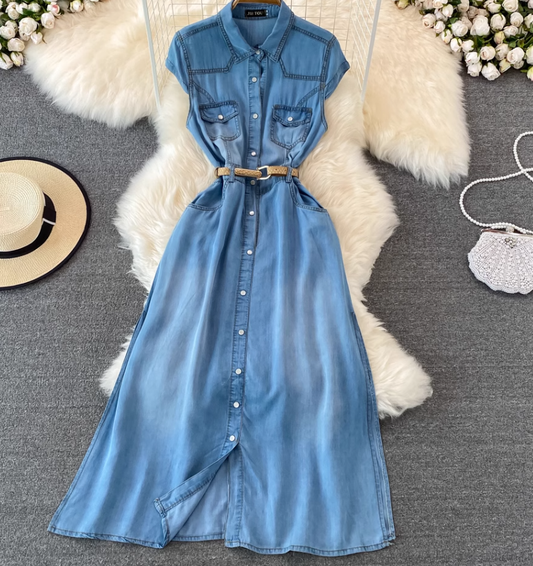 Light mature style sleeveless denim dress new French retro waist slimming A-line shirt long skirt R0407