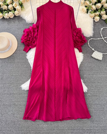 High-class lady temperament pleated lantern long sleeve loose A-line solid color elegant dress R0319