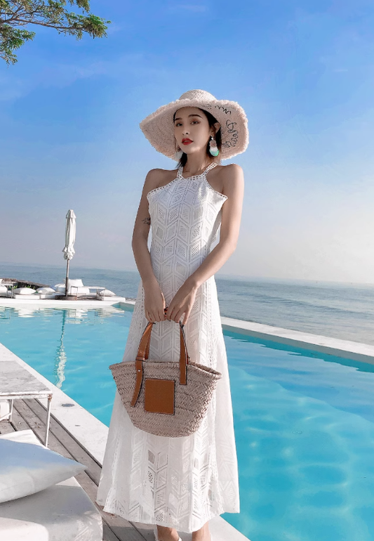 Travel photography vacation super fairy split dress new sexy backless halter neck lace beach dress R0191