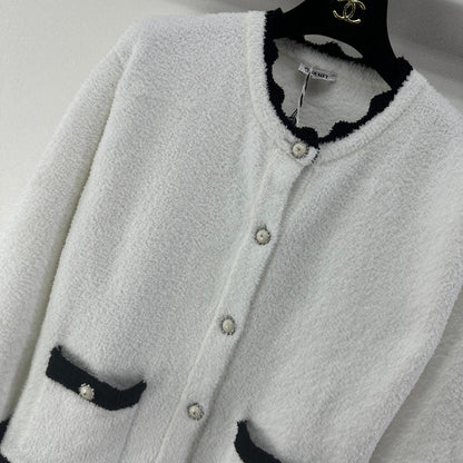 Chanel 2025 Round Neck Lace Cardigan Black White Wool 325690