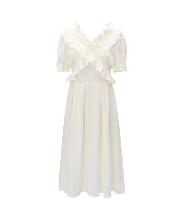 French bubble short sleeves one-shoulder dress retro sweet first love gentle long dress R0145