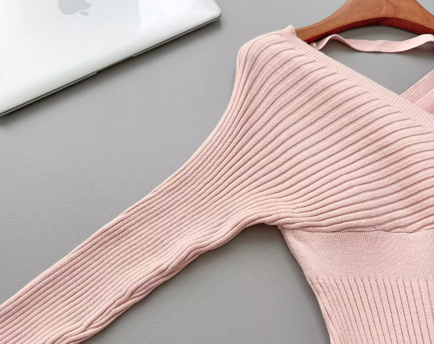 Pure desire slim waist sexy hip pink dress V-neck bottom knitted long skirt R0296