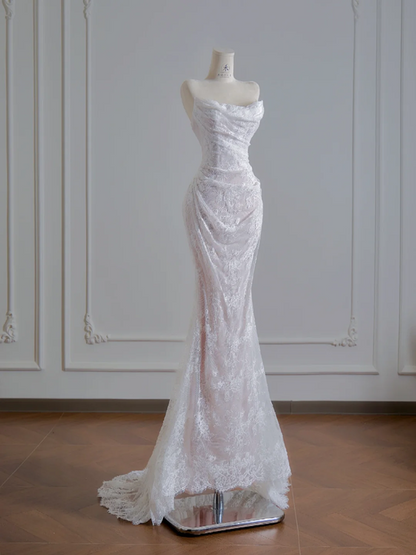 White strapless, fitted waist, lace fishtail skirt, sexy ball gown, bridal dress R8138