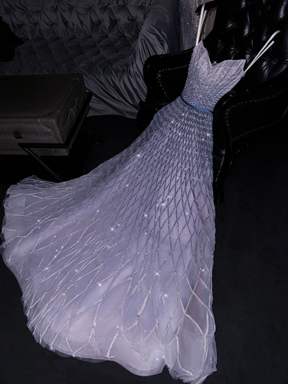 Light gray-blue halter-neck fitted long ball gown, bridal dress R8788