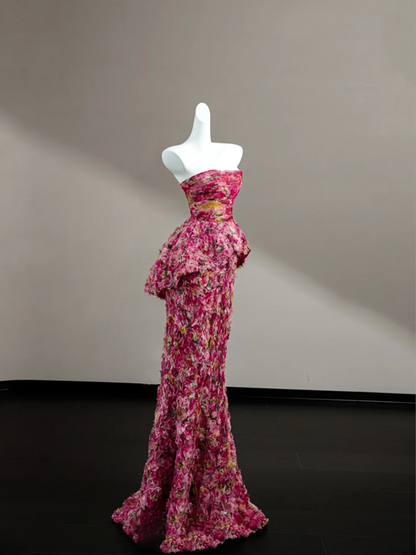 Pink floral tube top sexy long skirt with waist, prom dress R5641