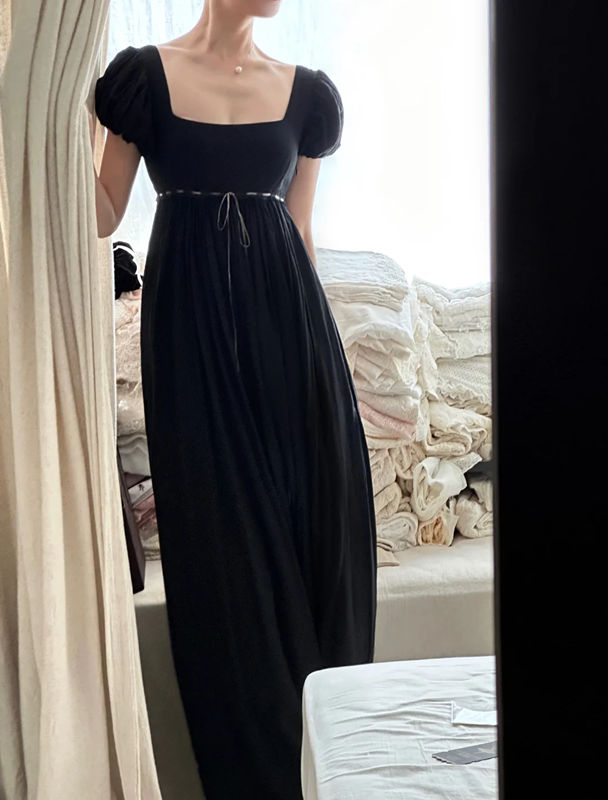 Black square-neck puff-sleeve high-waist elegant prom dress R7977