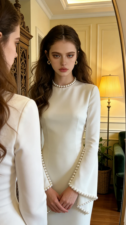 White long-sleeved pearl-embellished fitted bodice ball gown/bridal dress R8604