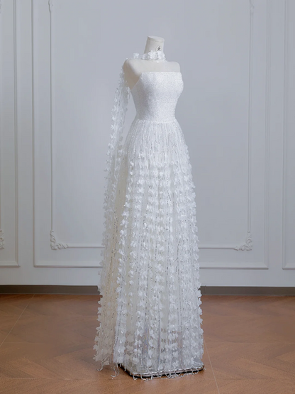 White strapless, heavily embellished, fitted long ball gown R8216