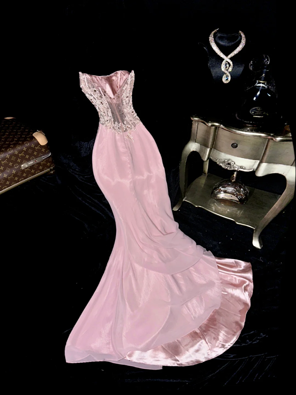 Pink strapless fitted waist elegant fairy long ball gown R6951