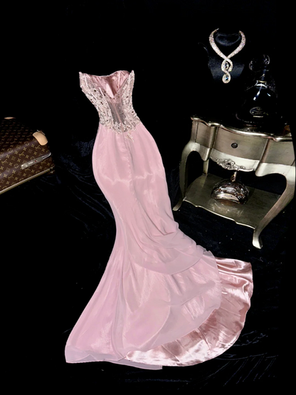 Pink strapless fitted waist elegant fairy long ball gown R6951