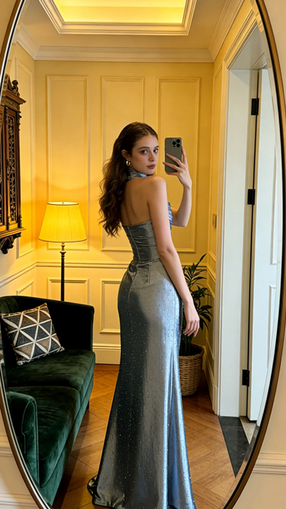 Gray-blue strapless fitted satin long ball gown R8574