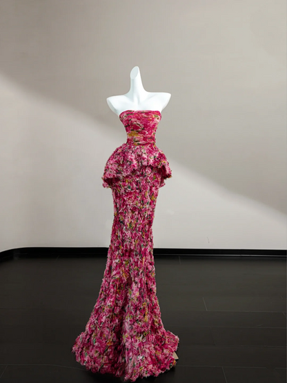 Pink floral tube top sexy long skirt with waist, prom dress R5641