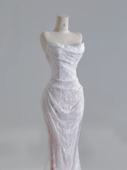White strapless, fitted waist, lace fishtail skirt, sexy ball gown, bridal dress R8138