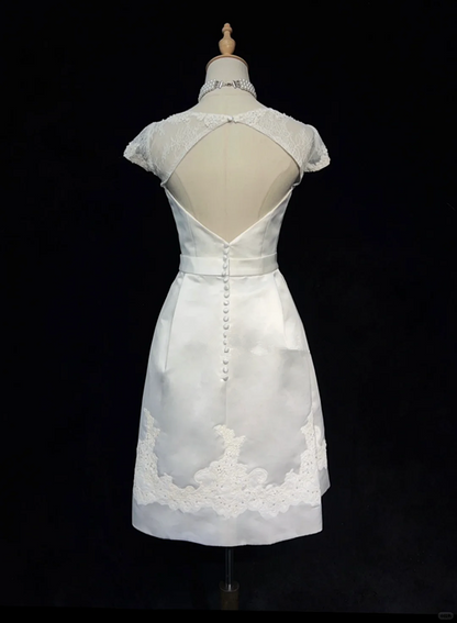 White satin waist slim A-line short skirt homecoming dress R4980