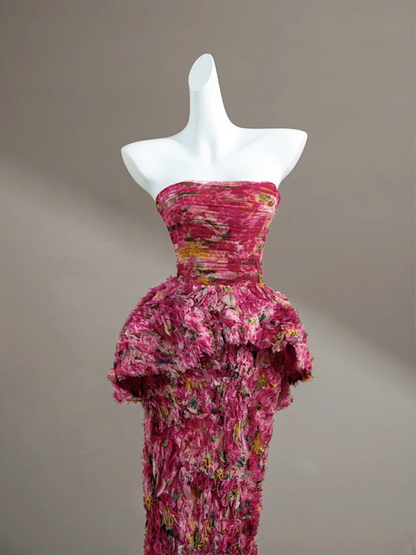 Pink floral tube top sexy long skirt with waist, prom dress R5641