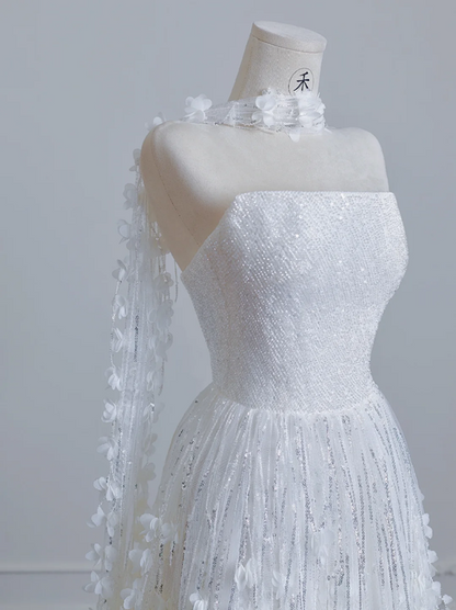 White strapless, heavily embellished, fitted long ball gown R8216