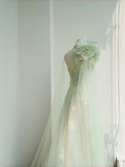 Light green one-shoulder three-dimensional flower waist slim long skirt, prom dress R5677