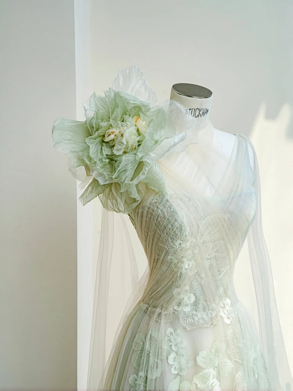 Light green one-shoulder three-dimensional flower waist slim long skirt, prom dress R5677