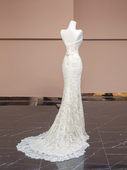 Off-white strapless, fitted, bodycon mermaid-style long gown, elegant ball gown, bridal dress R8330