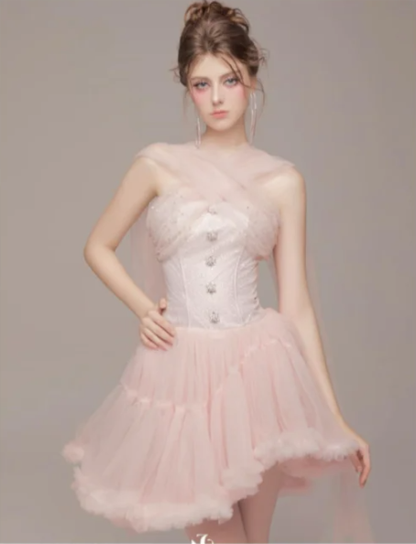Pink design sense cross neckline design waist slim irregular skirt short skirt homecoming dress R4817