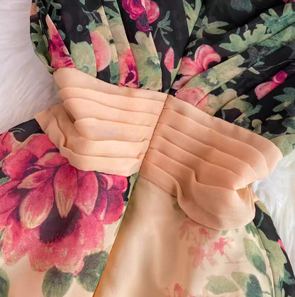 Fashionable and elegant long dress with V-neck, slim waist and positioning print A-line swing dress R0357