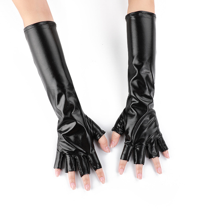 Half Finger Patent Leather Stretch Gloves Holiday Party Cosplay Costume Decoration Mid-Length     S6264