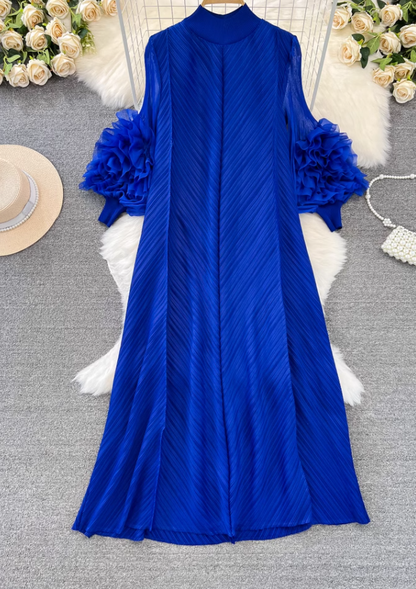 High-class lady temperament pleated lantern long sleeve loose A-line solid color elegant dress R0319