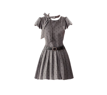 Gray polka dot dress for women summer 2025 new bow design sweet waist short skirt R0113