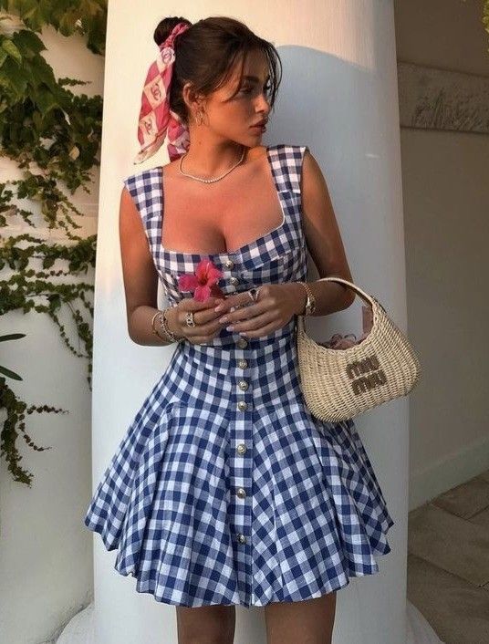 Blue and white checkered suspenders waist slim short skirt homecoming dress R3471