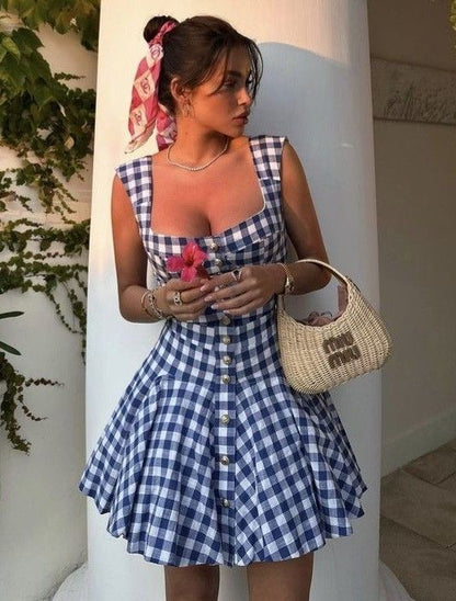 Blue and white plaid suspenders waist slimming A-line flower bud skirt short skirt homecoming dress R3897