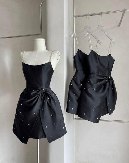 Black pearl suspenders sexy waist slim irregular skirt short skirt homecoming dress R4237