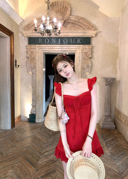 Red waist hollow suspender dress women's summer French temperament skirt R4700