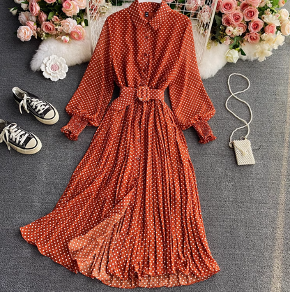 Polka dot chiffon shirt collar dress new style gentle style waist large swing pleated long skirt R0316