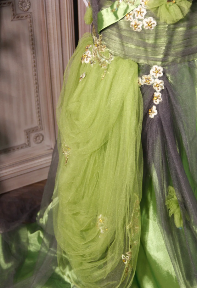 Vintage Green Spaghetti Straps Satin Tulle Appliques Mermaid Prom Dress Long Evening Dress D2250
