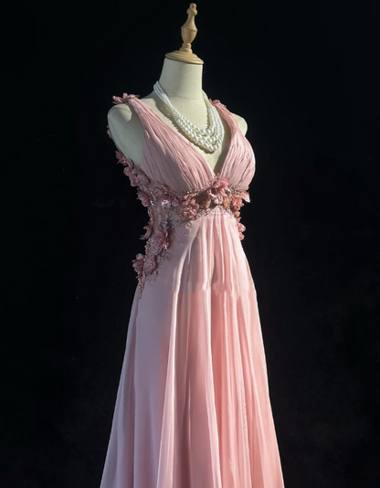 Classy V Neck Chiffon Beaded Appliques Long Evening Dress Pink Mermaid Birthday Prom Gown Formal Wedding Guest Dress