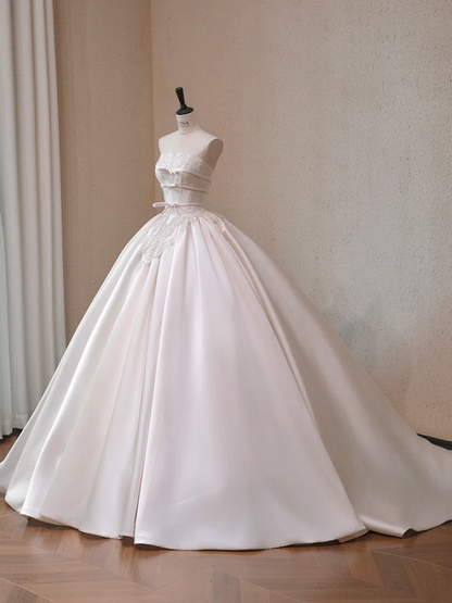 White satin tube top waist slim fit puffy skirt long dress bridal gown R5719