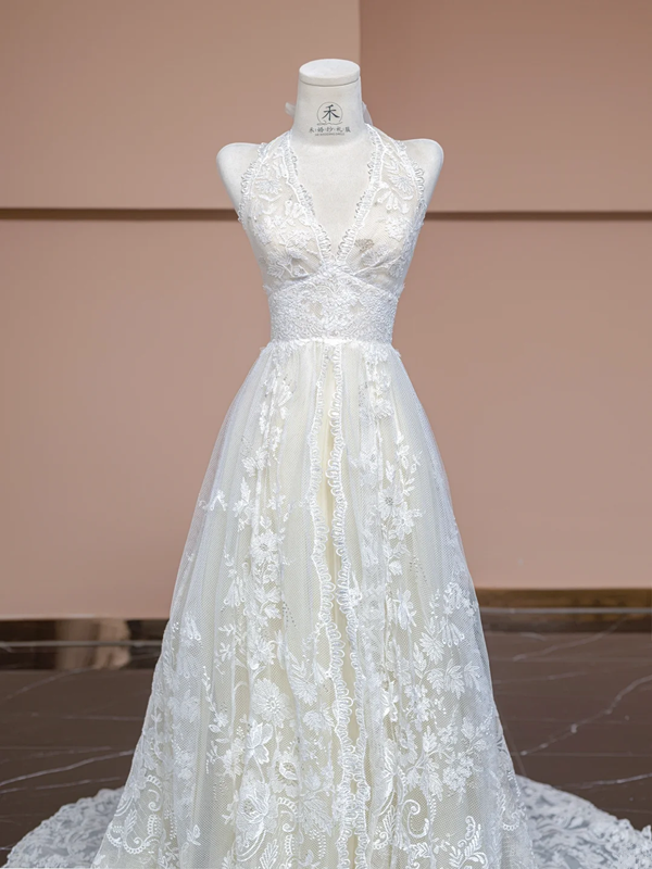 Off-white halter neck fitted waist long lace ball gown, elegant wedding dress R8331