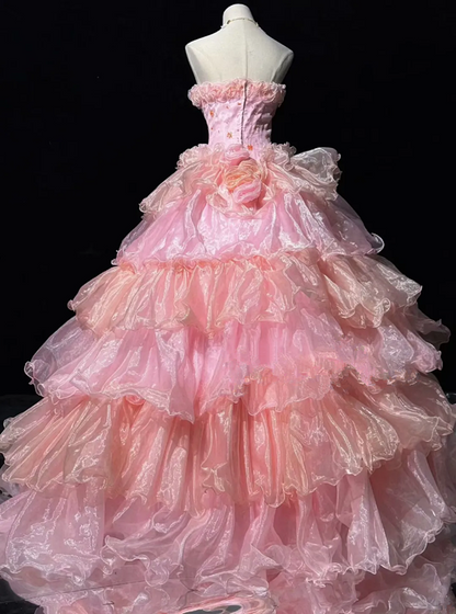 Light pink strapless fitted waist slim-fitting ball gown with a flared cake skirt R8696