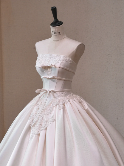 White satin tube top waist slim fit puffy skirt long dress bridal gown R5719