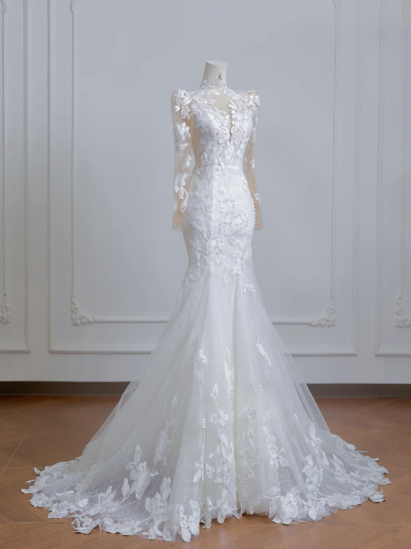White lace fitted waist, sexy long ball gown/bridal dress R8217