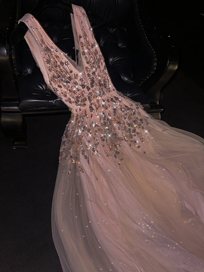 Light pink V-neck fitted long ball gown, bridal dress R8789