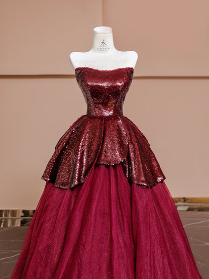 Deep red strapless, fitted waist sequined red ball gown with a full skirt, bridal dress R8360